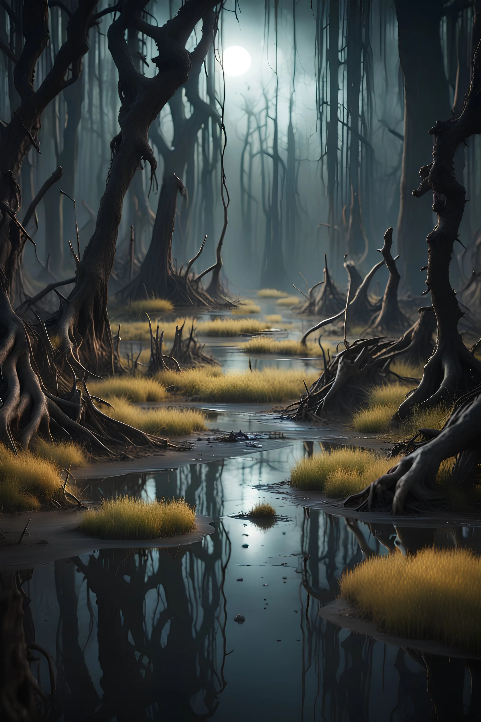 a creepy swamp, sci-fi horror, dramatic lighting, 8k, concept art, highly detailed, volumetric lighting, global illumination, octane render, Style-SwampMagic, eldritch, cosmic, dark energy,Sony Alpha 7 50mm 1.8,medium shot, high-resolution image with fine details, citrine, ultra detailed,ultra realistic,extremely realistic,intricate,photorealistic,epic composition,masterpiece,H.R.Giger style