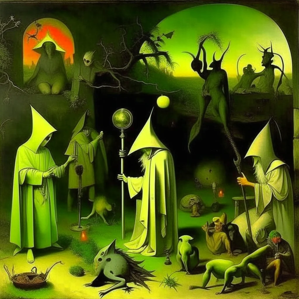 some mysterious figures, odd background, cinematic, Hieronymus Bosch, Max Ernst, vegetal life, rotten, ambient light, cry, ritual