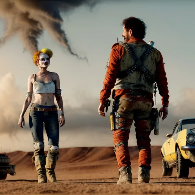 Ultra realistic mad max scene, people. clown sweet woman, waist up view, Wes Anderson style, epic, yellow smoke fog, hottest, highly detailed, concept art, unreal engine 5, god rays, ray tracing, RTX, lumen lighting, ultra detail, volumetric lighting, 3d, finely drawn, high definition, high resolution.