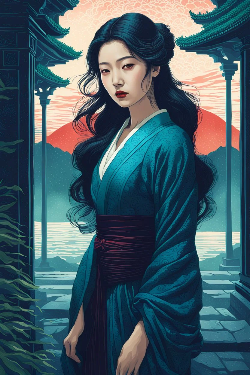 create an imaginative print illustration of an ethereal, otherworldly seductive ancient female Lasombra vampire , in the style of Hasui Kawase