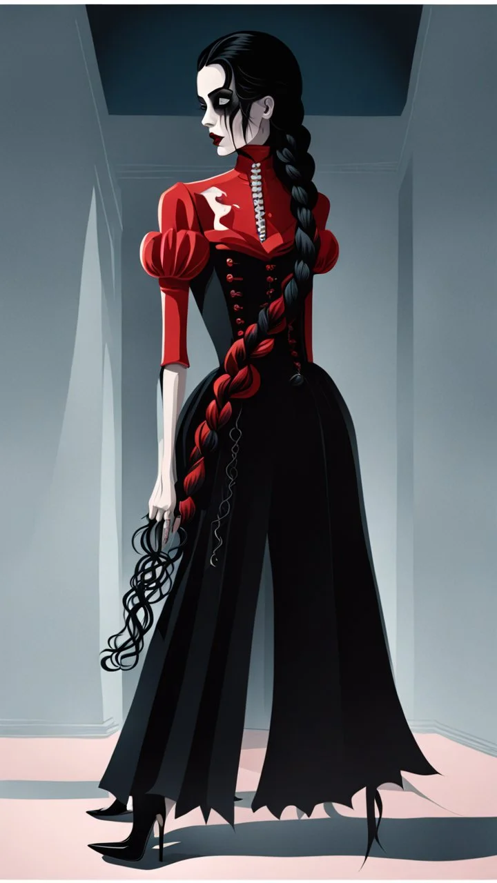 illustration of a vampire girl with paper bones and glass skin, highly detailed dark black hair in a single long braid