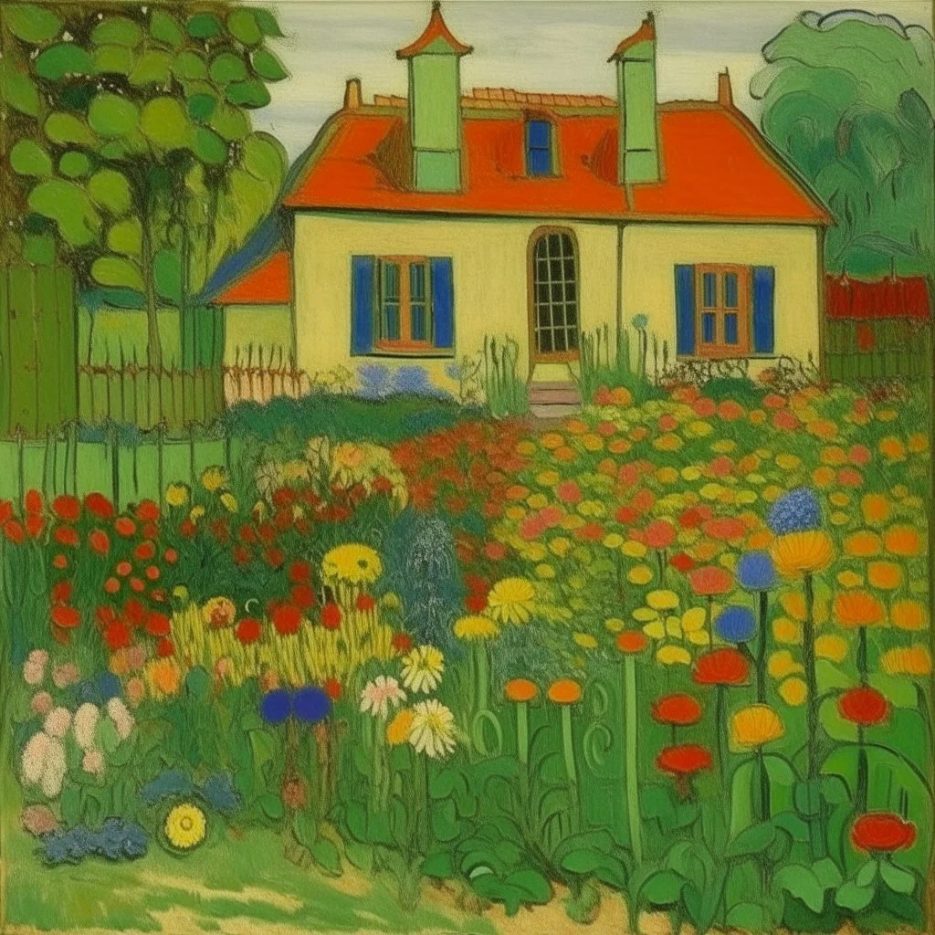 A green flower garden near a house painted by Piet Mondrian