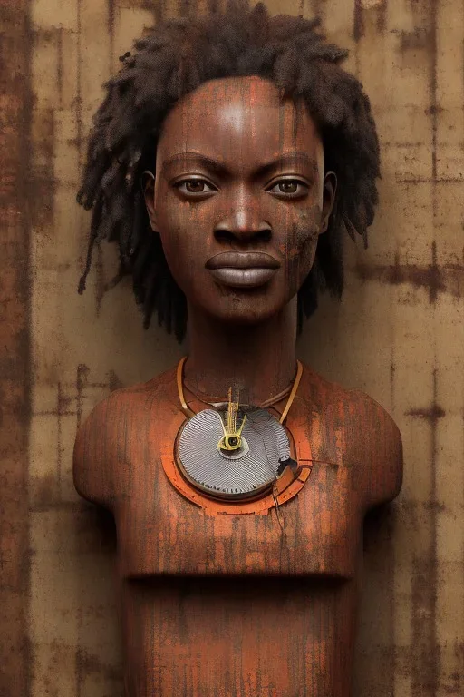 african portrait in rusted clocks, clock on face, rust, scaffolding, ghana colours, cyberpunk, high detail