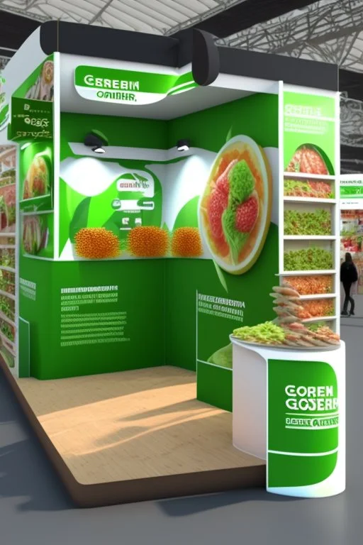 Corner green exhibition stand of a food company with product displays and a meeting area