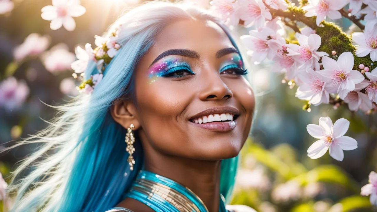 Close-up portrait of a gorgeous smiling skinny polynesian goddess with a golden dark skin, long smooth clear turquoise blue white hair, blue eyes, in a sci-fi outfit with luminous strikes blowing a kiss in a hill of flowers with sakura trees, a small torrent, loads of mini flowers, moss, sun rays through the branches, particles in the air at spring