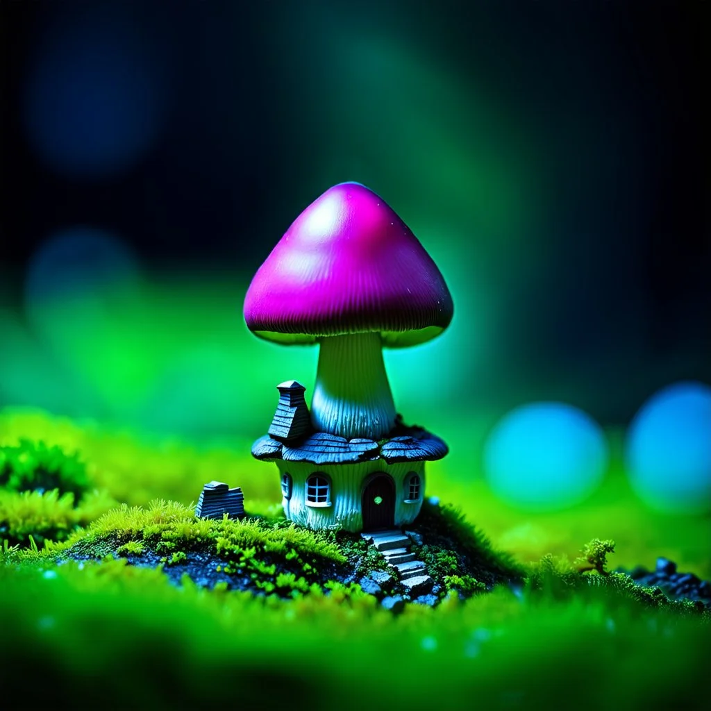 "Close up of a wonderful tiny Mushroom Tower home. green and magenta with bright white, deep black and contrasting tones of gray. Illuminated bioluminescent forest. Professional painter, master at composition. small but detailed. broken, blurred background, voluminous lighting"