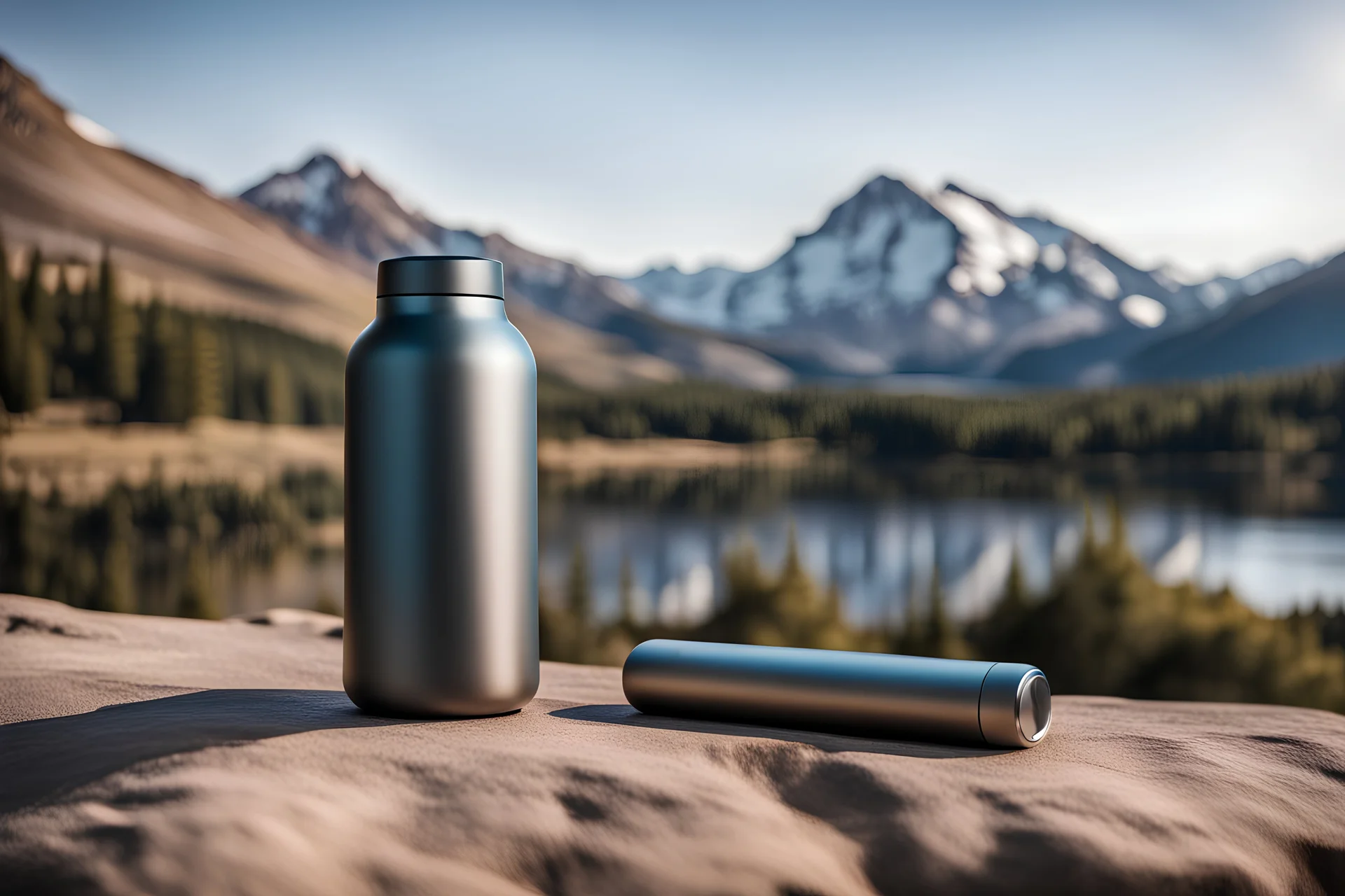 A metal bottle inspired by a hydroflask that allows for wirelessly controlled temperature settings, featuring clean lines and modern design. Set the scene alongside a smartphone to show to connectivity of the bottle. Put a mountain landscape in the background