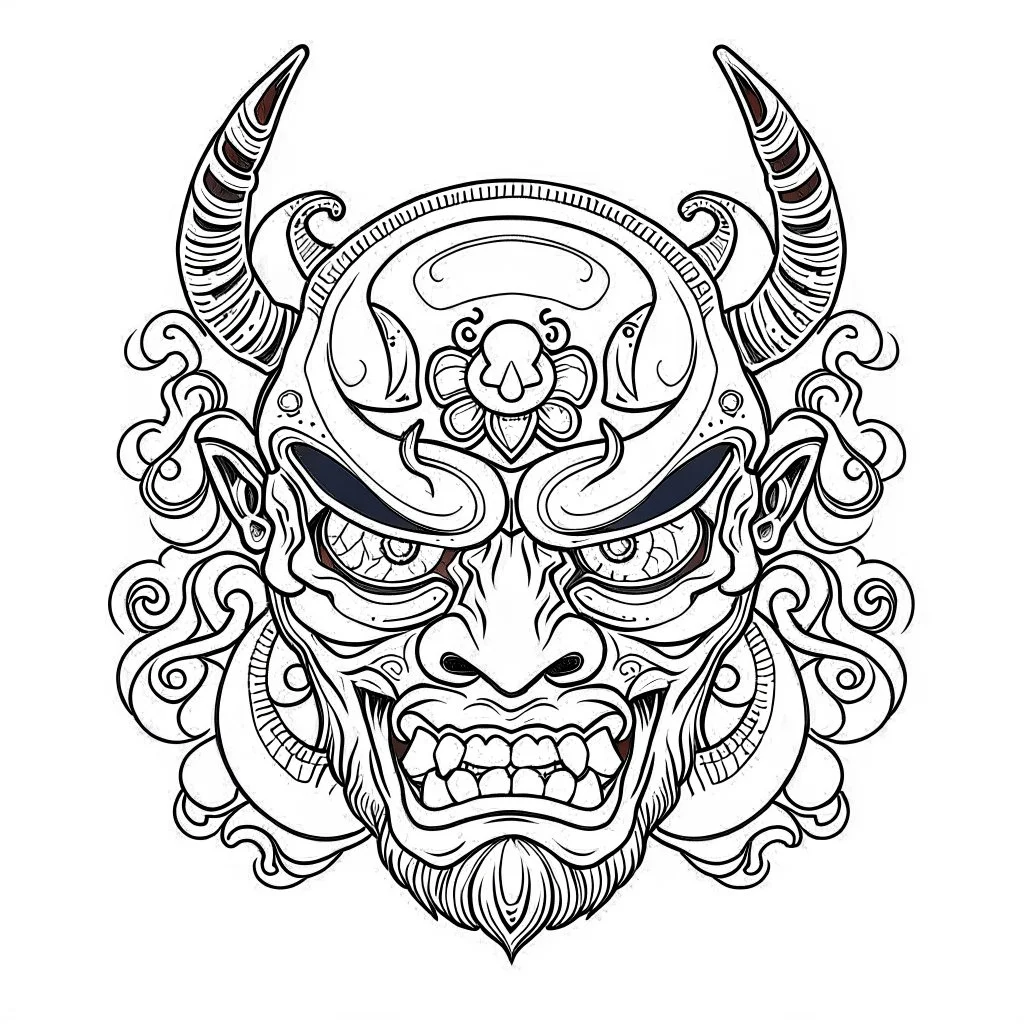 White, minimalis line art , oni mask japanes scarry, vector, white background, outline, with images neatly contained within the background, just black and white color,