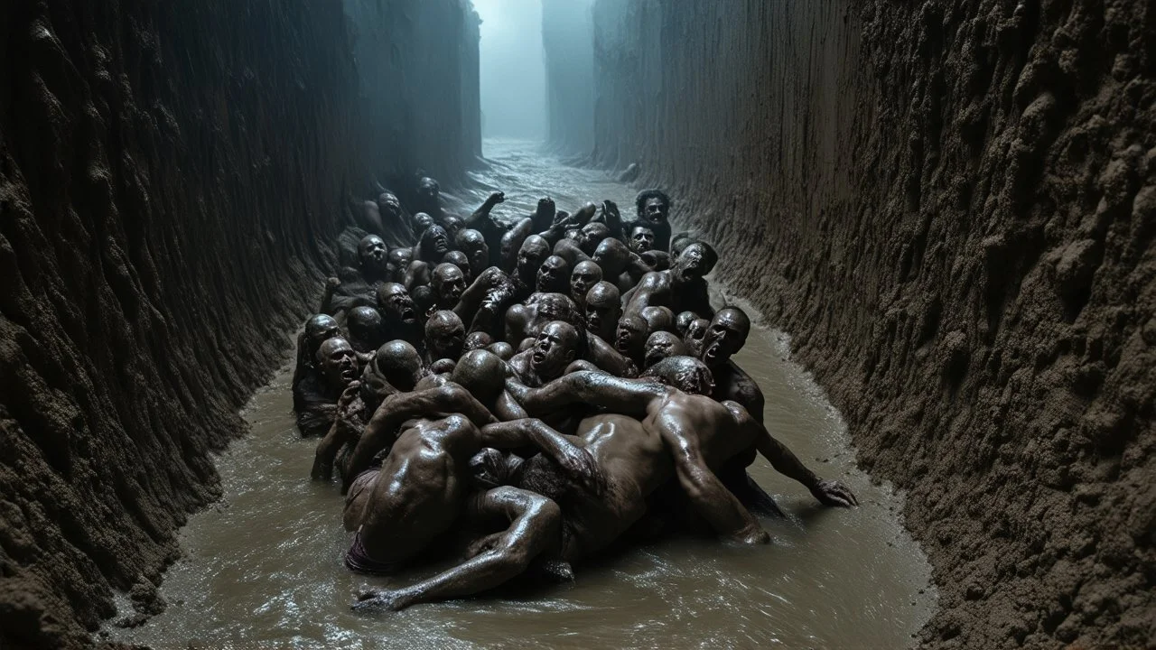 A mass of zombies fighting, tangled and intertwined, inside a river between two vertical walls of earth and mud. The first scene is oppressive and claustrophobic.