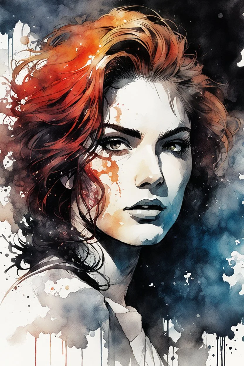 ink wash and watercolor illustration of a girl, with highly detailed hair and facial features in the comic book art style of Bill Sienkiewicz and Frank Miller, 4k, bold and detailed inking and shading, vibrant natural color