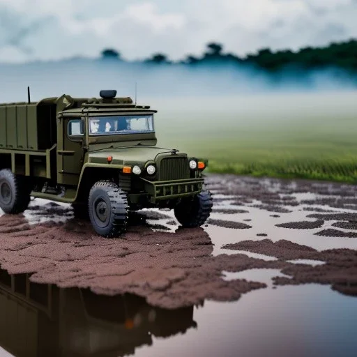 hyperrealistic shot, muddy military toy truck, monotone color palette, sharp focus, puddle reflection, tire mud splash, refraction, mist on the horizon, lightning, shadowcast, detailed and intricate, cinematic composition, micro, tilt shift photography