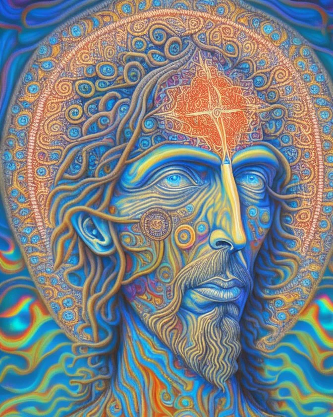 digital painting of a saint, psychedelic style, Alex Grey, intricate details