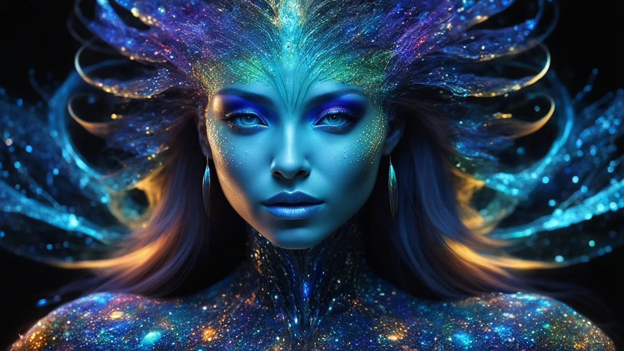 an extraterrestrial species whose defining characteristic: bioluminescent skin. Her body and skin shimmers with colors that defy human understanding, a living, breathing canvas of cosmic art., Broken Glass effect, no background, stunning, something that even doesn't exist, mythical being, energy, molecular, textures, iridescent and luminescent scales, breathtaking beauty, pure perfection, divine presence, unforgettable, impressive, breathtaking beauty, Volumetric light, auras, rays, vivid colors