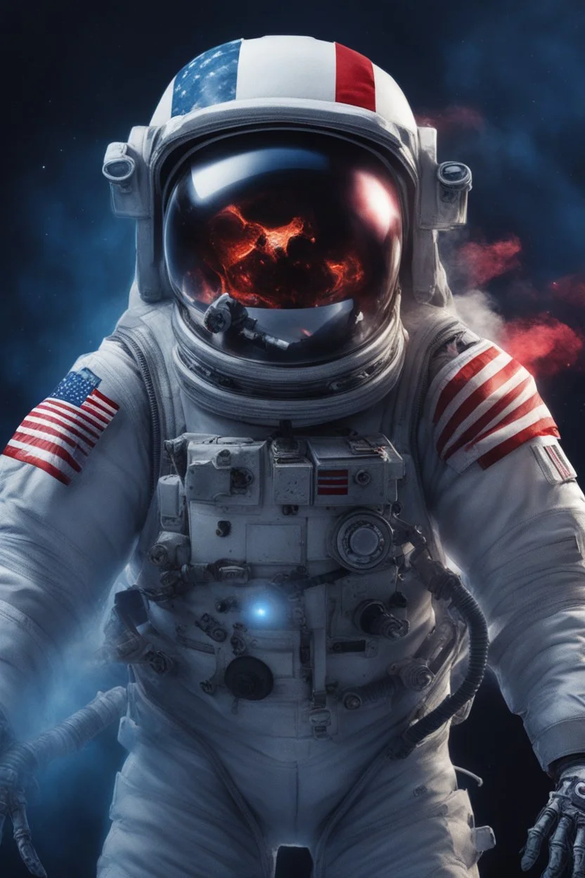 A close up of a skeleton face in an astronaut helmet and suit floating in space. inside the hollow eyes are red shining lights, scary. On his suit is an American flag and in his one hand is a small wavering American hand flag. From the back of his suit is blowing out blue, white and red smoke. Realistic, 8k, highly detailed, funny