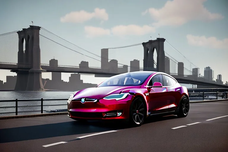 A Tesla 'Model 3' is parked, on the 'FDR Drive', eastern Manhattan. (CINEMATIC, WIDE ANGLE LENS, PHOTO REAL)