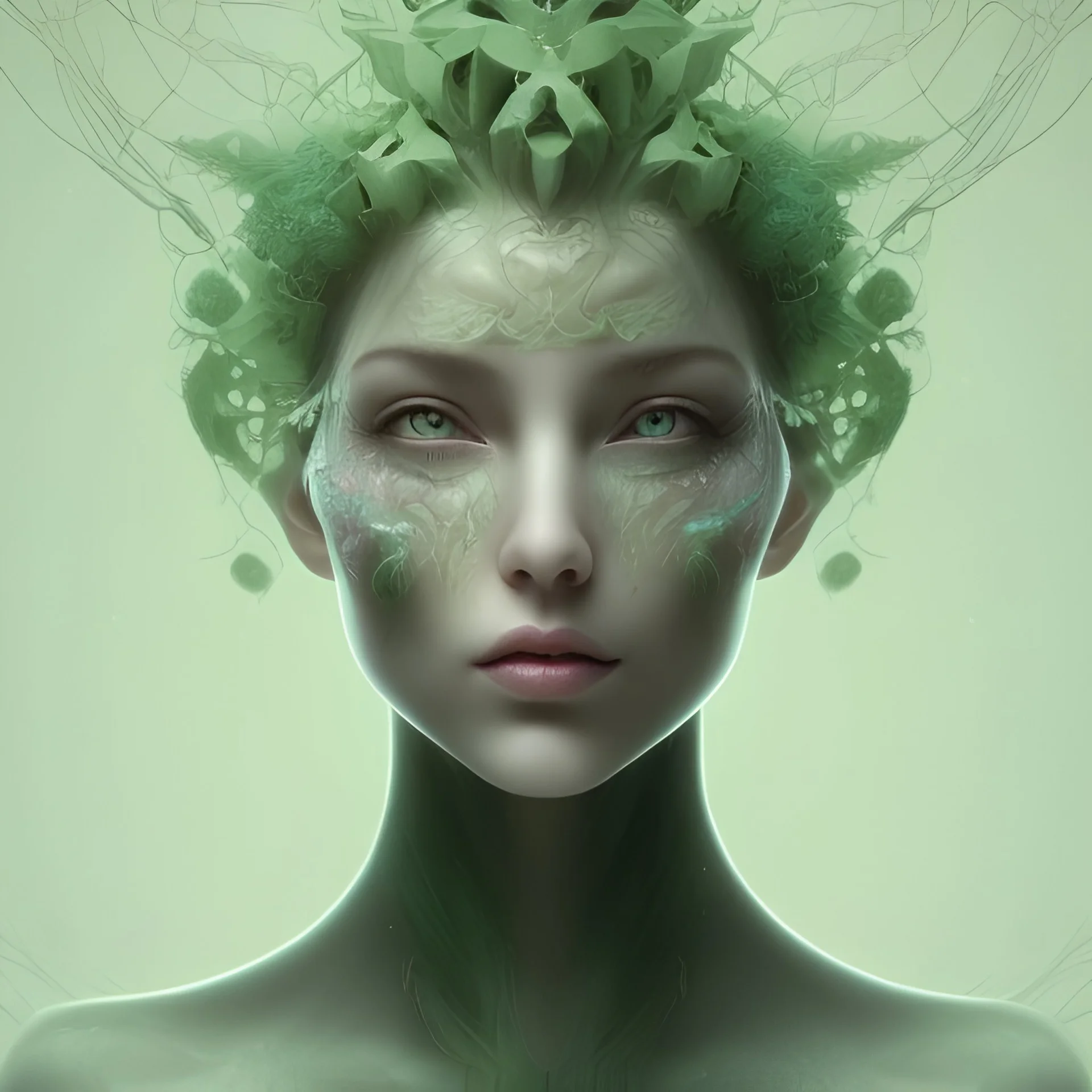  fantasy art: a beautiful tree-human hybrids facial image. lush green tree branches flow through her. Modify with a beautiful luminescent flower & tendrils dangling from her head AND modify facial expression so she is smiling with mouth closed, beautiful woman with aesthetically gorgeous facial structure & features: Modify image by adding two super detailed butterflies looking at her