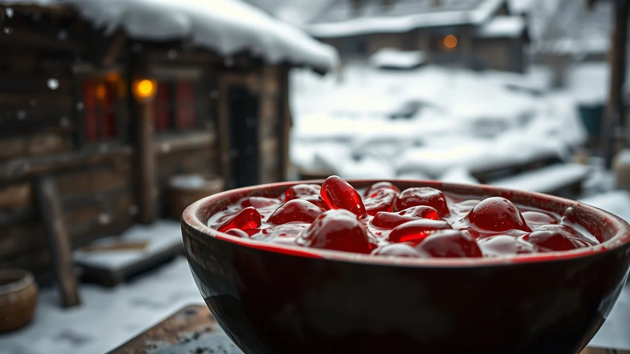 close up an old bowl is full red blood on snowy poor villager courtyard, dramatic atmosphere, in background blur , low light, high detailed, sharp focus, high realistic, perfect photo