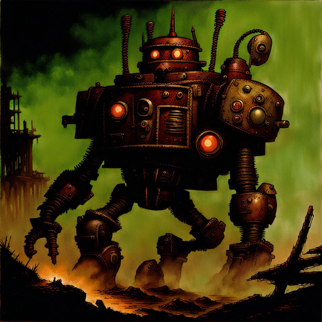 90's TCG art retro fantasy art of scrap robot monster post apocalyptic