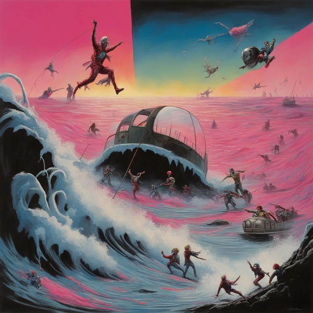 wave after wave of demented avengers march cheerfully out of obscurity into the dream, terminal shock || Horror Pink Floyd tribute, surreal, dramatic, depth of field, by Michael Whelan and Gerald Scarfe and Squeak Carnwath, violent colors, sharp focus, glorious grotesque landscape