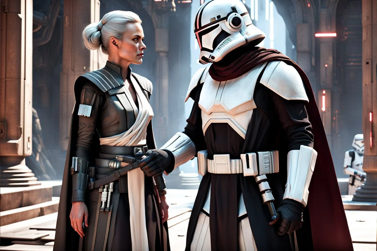 a bold and heroic bald Corellian pilot in black and grey First Order special forces gear meets a female Jedi Master in ancient, mystical temple, hyperdetailed, dynamic lighting, hyperdetailed background, 8k resolution, volumetric lighting, light skin, fully symmetric details