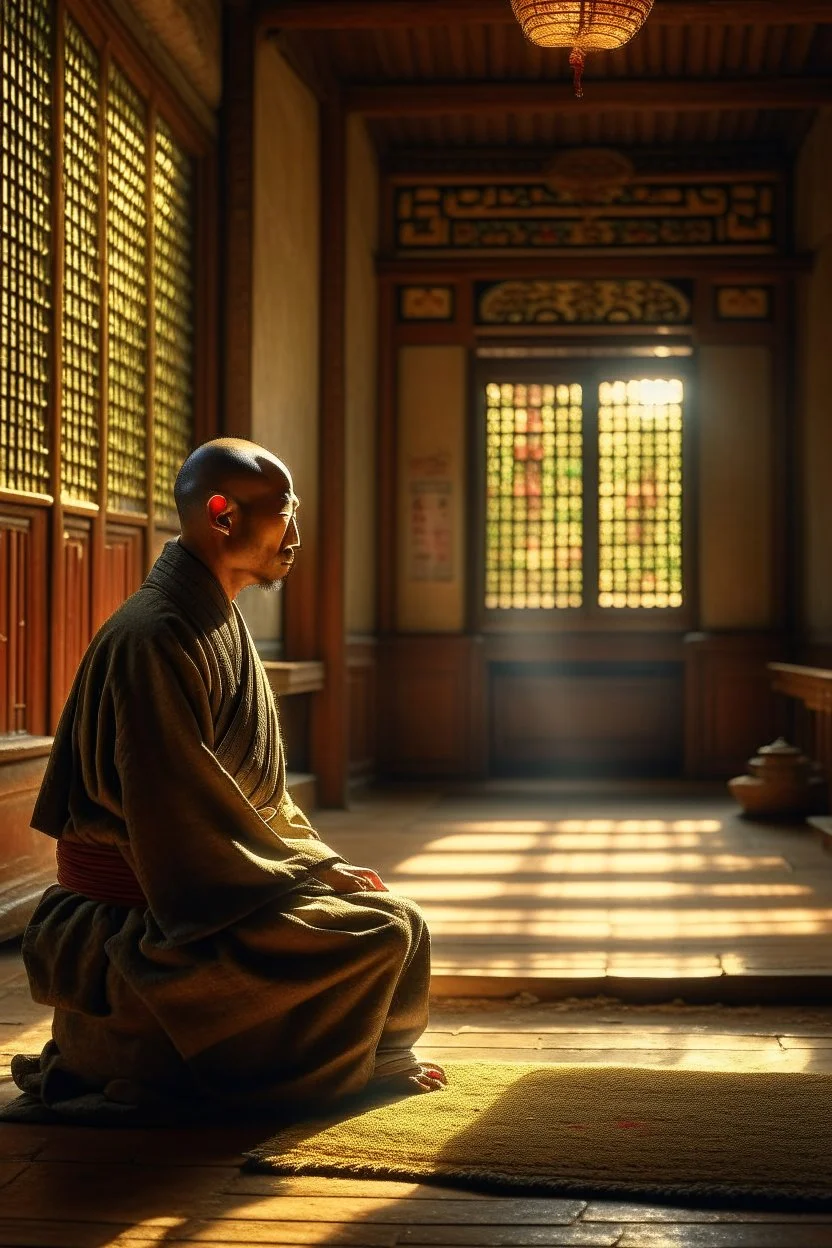 Shirokai was raised in a secluded monastery, where the monks devoted themselves to the study of ancient martial arts and the pursuit of inner peace. He was an orphan, brought to the monastery's doorstep as a baby, and the monks raised him as one of their own. photorealism, depth of field, lightrays, downligh