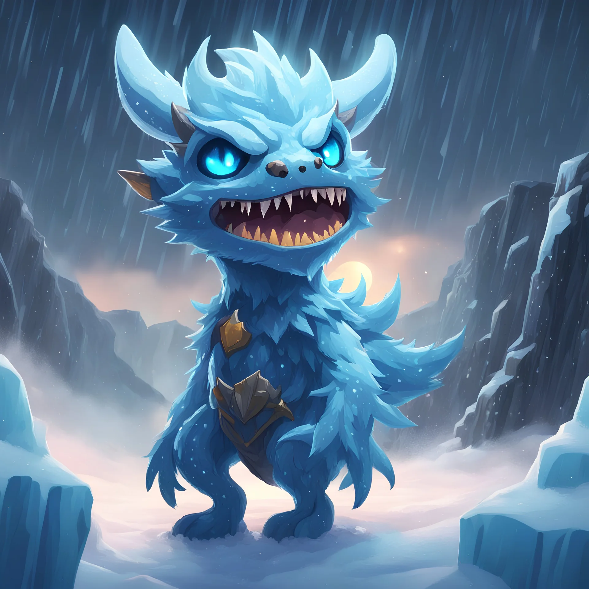 Ice-blue Jabberwocky with glowing eyes with all the power of a blizzard standing on a ice cliff as ice and snow rain down at night, in animal crossing art style