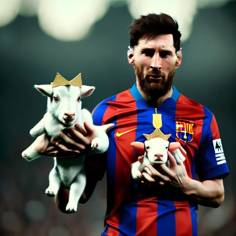 messi as king with wearing crown and king stuffs and clothes and holding a little white goat on his hand ,hyperrealistic,8k,detailed,rendered