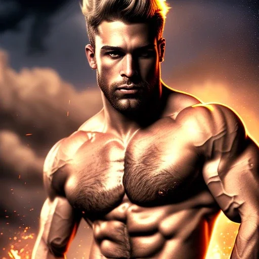 Ignore NSFW, teenager young rugged attractive slightly muscular fantasticly handsome blonde man, red briefs with yellow belt, hairy chest, (((visibly pisssing))) briefs, large erect visible boner peniss, photorealistic, artist Jay Anacleto, soft lighting, scruffy beard