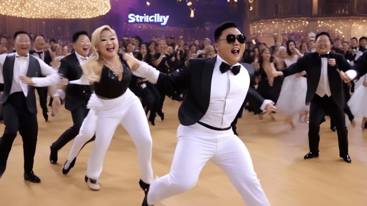 Strictly Come Dancing: the PSY - GANGNAM STYLE(강남스타일) M/V air riding edition, he wears tuxedo, she wears leotard
