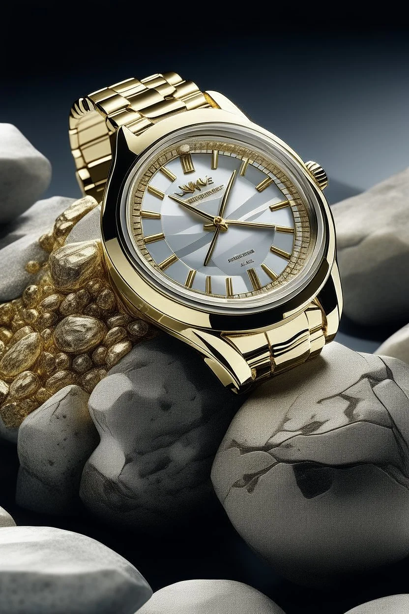 Generate an image featuring a solid gold watch placed on a bed of rocks or crystals, symbolizing the watch's durability and resilience while adding a touch of natural elegance.