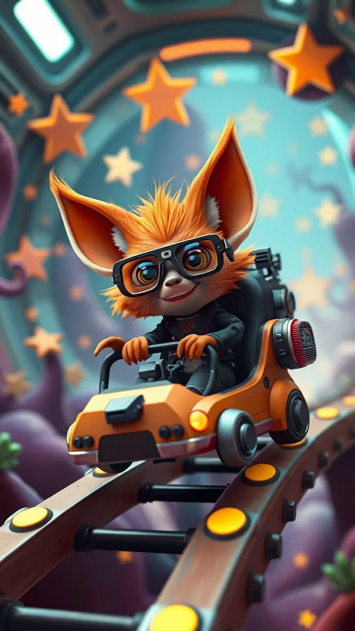 big ass space hairy hi tech alien cowboy gremlin orange fox with glasses in tiny cart chair floating around in space in a weird living space camper ship driving down weird twisted track in space station jungle, spell jammer, Pixar-inspired, expertly crafted in a whimsical and vibrant cartoon style. is masterfully rendered in a lifelike 3D design, which captivates viewers with there irresistible charm. The background is filled with warm, inviting colored stars and a 3D render, creating a cinemat