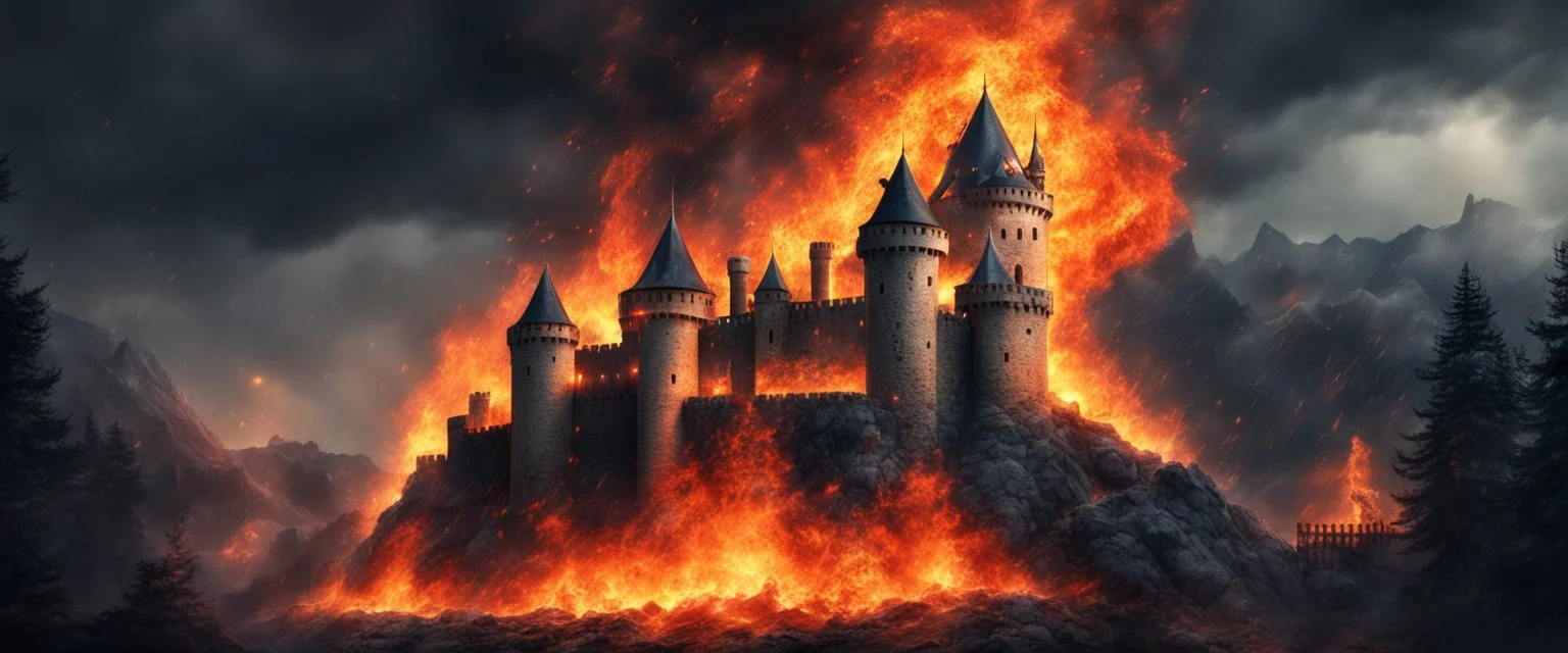 Hyper realistic wild fire burning the castle giving it a haunted view with raining fireballs at night between mountain