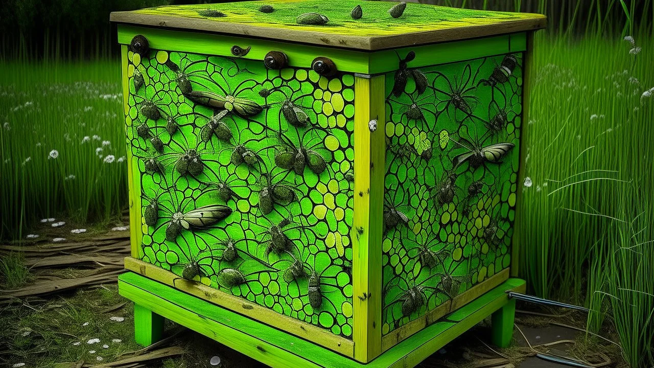 A lime green hive filled with bugs painted by Vincent van Gogh