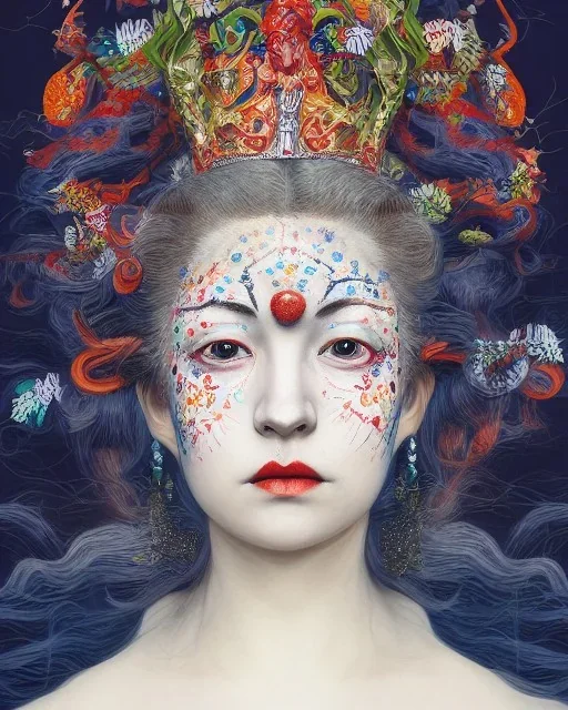 head and shoulders portrait of Queen Mary, face paint, jester hat, sad expression, Takato Yamamoto artist, Akiya Kageichi artist, Jedediah Berry inspired, 8k resolution concept art portrait, dynamic lighting, hyperdetailed, intricately detailed, maximalist, beautiful, peaceful