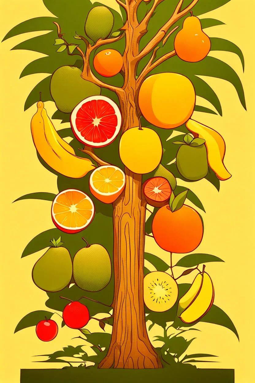 a stylized minimal primitive poster with various exotic anime fruit on a tree, in the style of multilayered realism, film/video, hd mod, massurrealism, architectural exterior, color moebius, elliptic