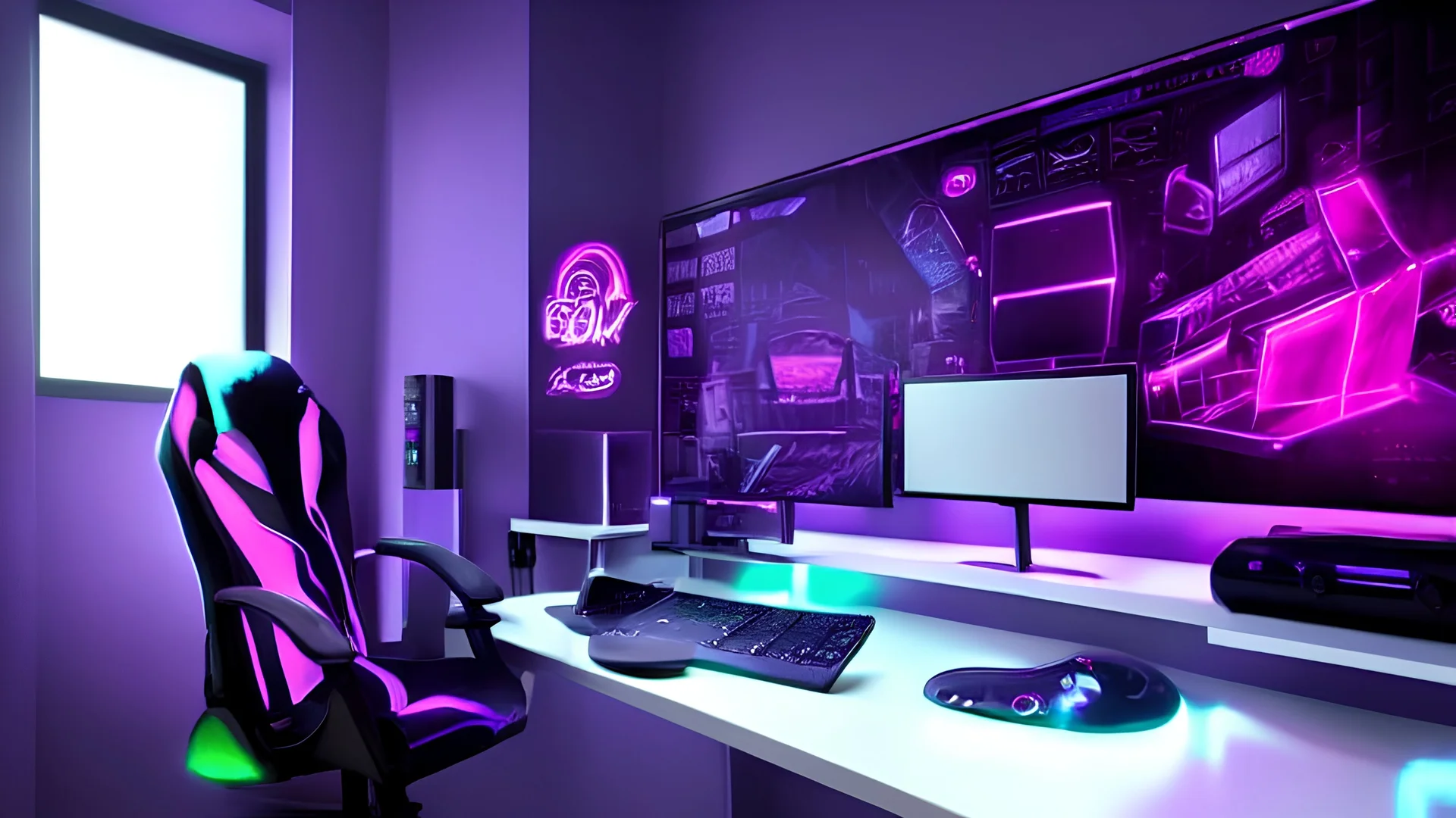 Dark purple and black gaming room with neon lights, gaming chair and PC with RGBs, realistic