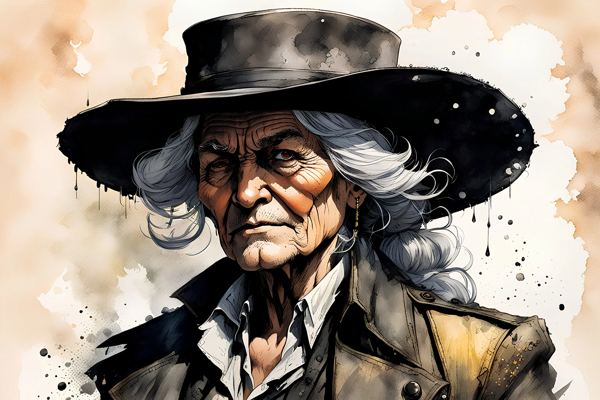 create an ink wash and watercolor, close up, full body portrait of an aged female, late 19th century Louisiana bounty hunter in a battered bowler hat, Hunt: Showdown, La Luz Mala, in the comic book style of Warren Ellis ,Bill Sienkiewicz, and Jean-Giraud Moebius highly detailed hair and coarse, lined, rugged, weather worn feminine facial features, ragged, worn clothing, grainy, gritty textures, foreboding, dramatic volumetric lighting , vivid natural colors