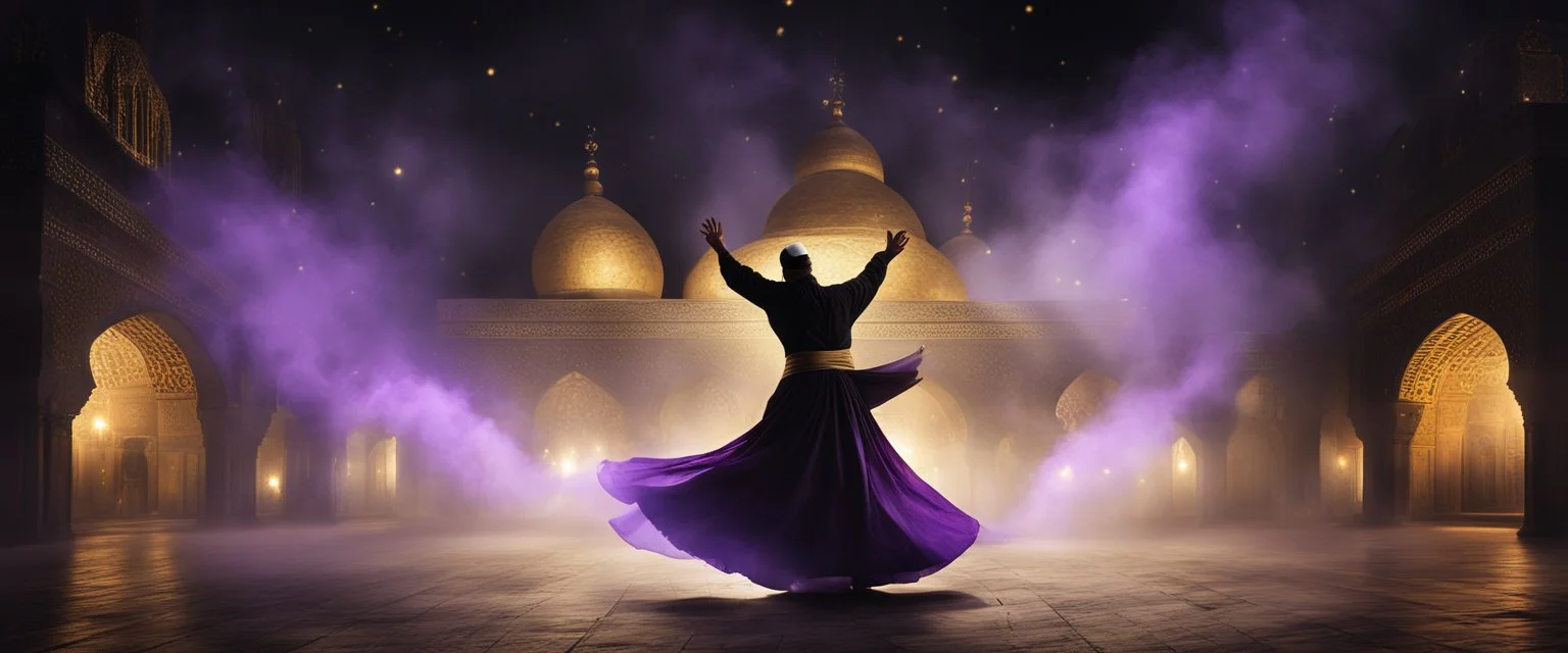 Hyper Realistic photographic-view of a Sufi Whirling with Golden & Purple Islamic Sufi Rustic Grungy-Black Background with thick-fog at dark-night outside an ancient Islamic architectural building with golden-sparkles-whirling showing dramatic & cinematic ambiance.