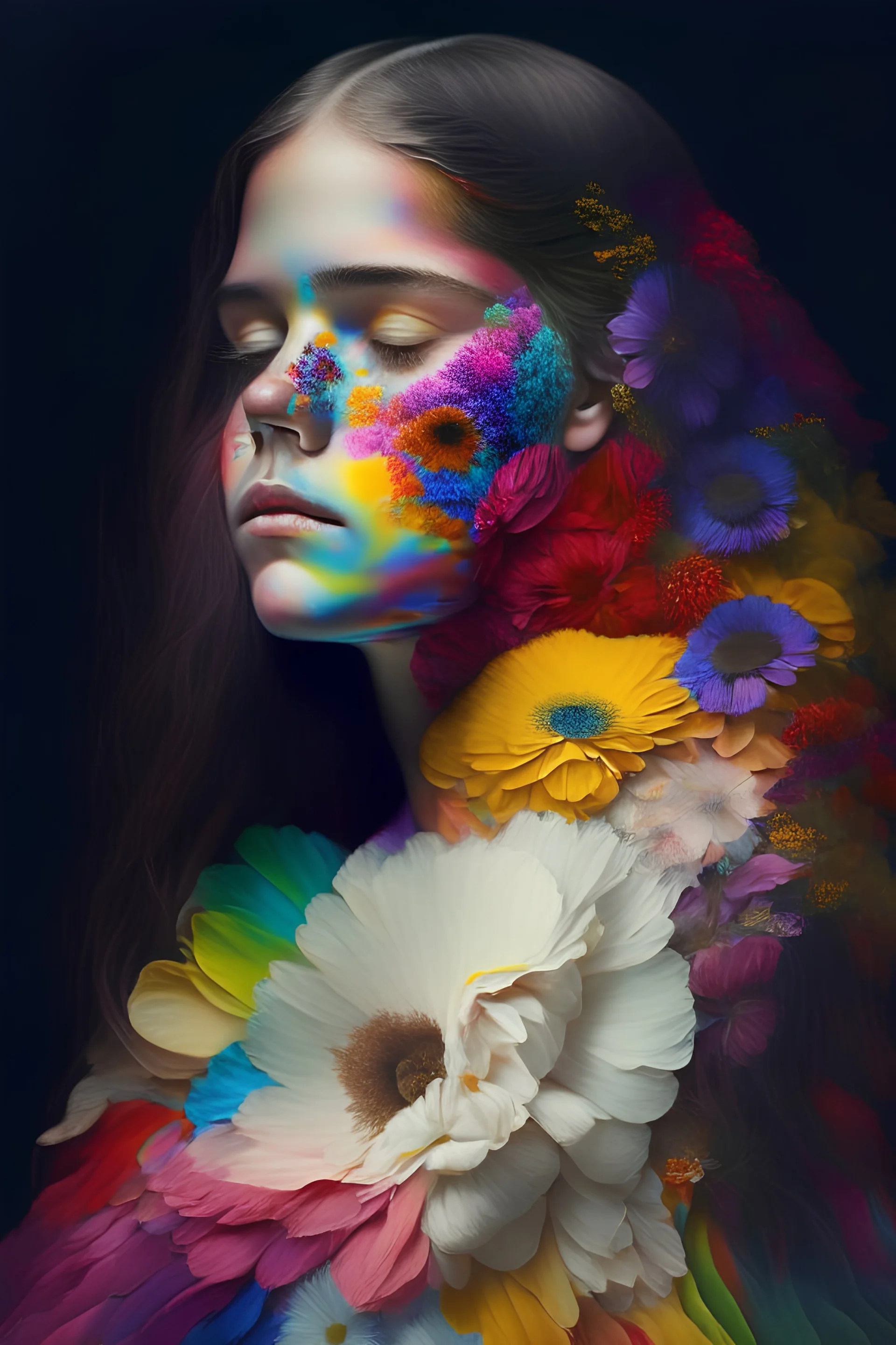 Unreal portrait of a girl whose half of the body is made of flowers of the color of the rainbow