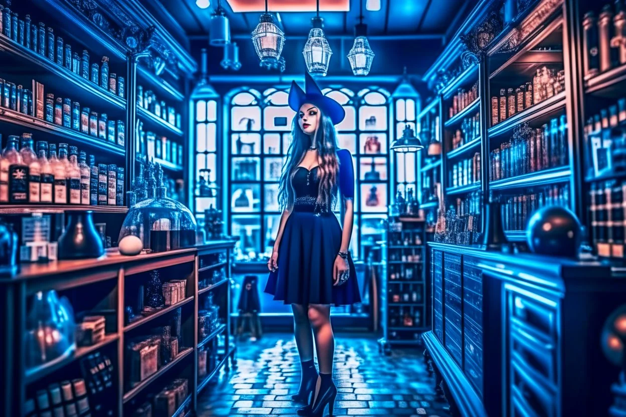 full-height shot of a young witch in a tight black short skirt, inside a large magic shop, shelving, bottles, windows