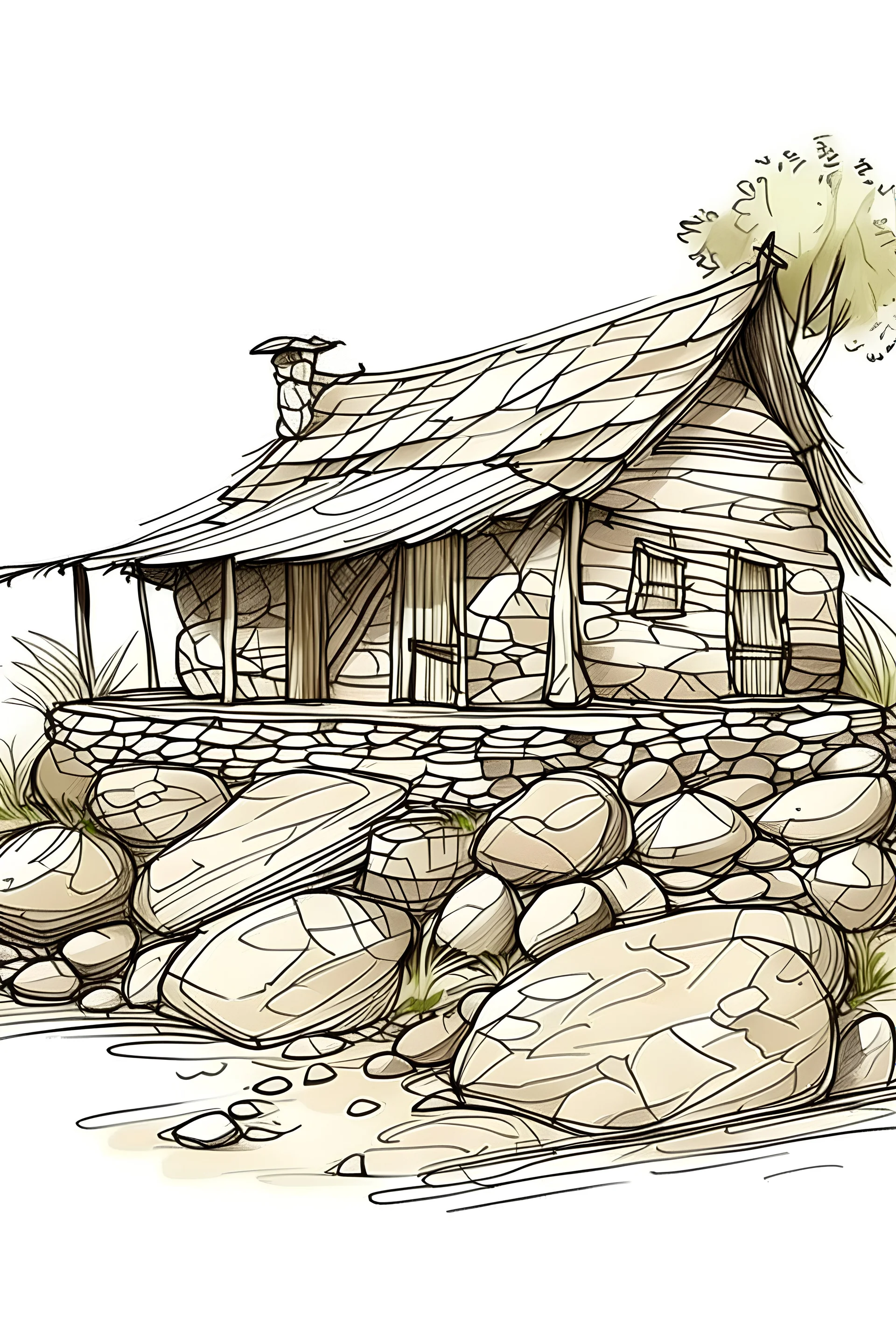 Eco-lodge made of stones And cane sketch