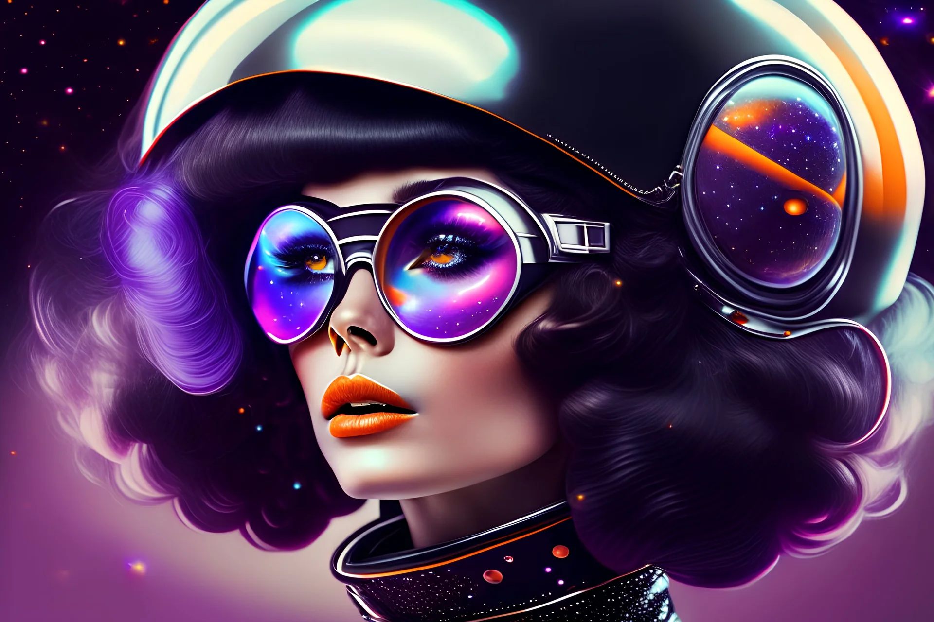 60s era fashion model with stars and planets in her hair, floating in black ink, vibrant colors, googles, helmet, spacesuit, full body fashion, big hair, hyperrealistic, 4k, light gray eyes, four eyes –v4