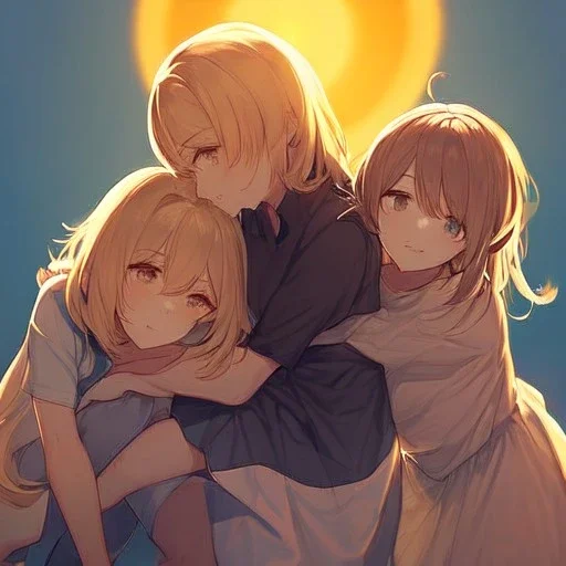 Clear Focus, High resolution, 2 girls hugging, the two girls is a human version of sun and moon, sun if happy and moon is sad, sun in the background