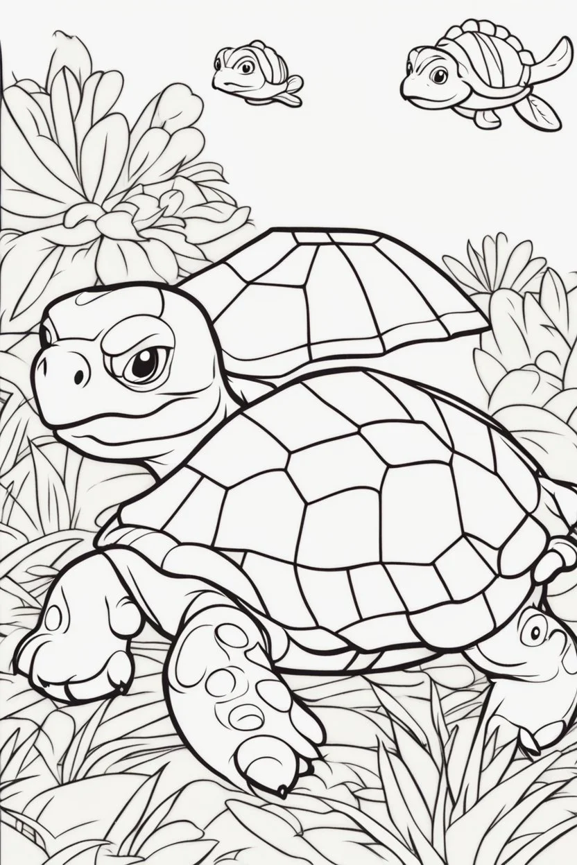 blank colouring book, white blank background, simple picture for toddlers, turtle pet, disney and pixar style