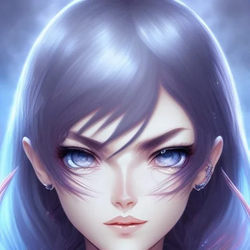 crystal blue eyes, and dark pink hair, teardrop shaped eyebrows, woman, angry expression, anime style, pointy ears