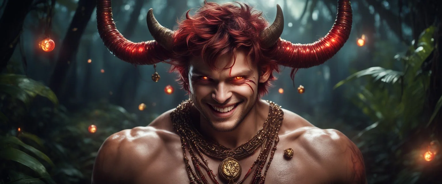 HYPER REALISTIC PHOTOGRAPHIC Middle Angle View Of A Handsome Muscular Young Man With Ritualistic Costume With Bone Necklace Unleashing Glowing Magic Balls, With A Fierce Devilish Smiling Expressions On His Face With Glowing Red Eyes With Short Messy Maroon Hair & Golden Horns In A Dark Dense Jungle At Dark Night With Fireflies Showing Dramatic & Cinematic Ambiance