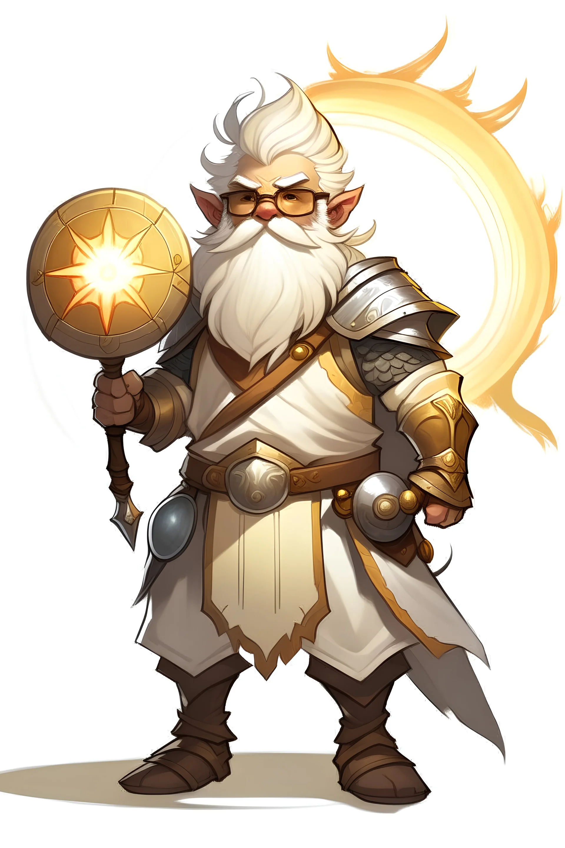 dnd character art of cleric of light, short and stocky, Gnome, Wearing a Circlet over his head, Holding a large shield shaped like a sun, wielding a small mace, Short white beard, Short hair, wearing tinkerers glasses,