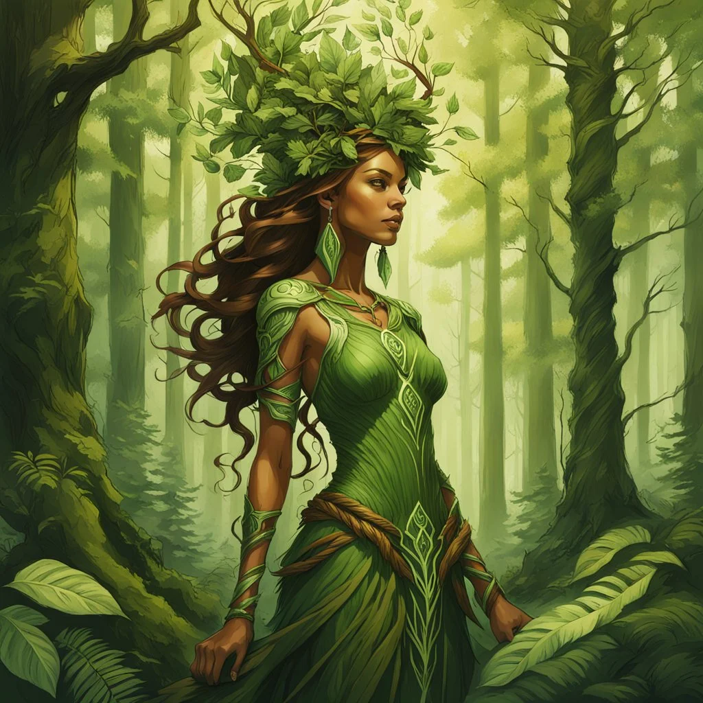 create a full body portrait of a forest dryad enchantress , with highly detailed, sharply lined facial features, in the deep forest of Brokilon , finely inked, in rustic colors, 4k in the style of Peter Mohrbacher