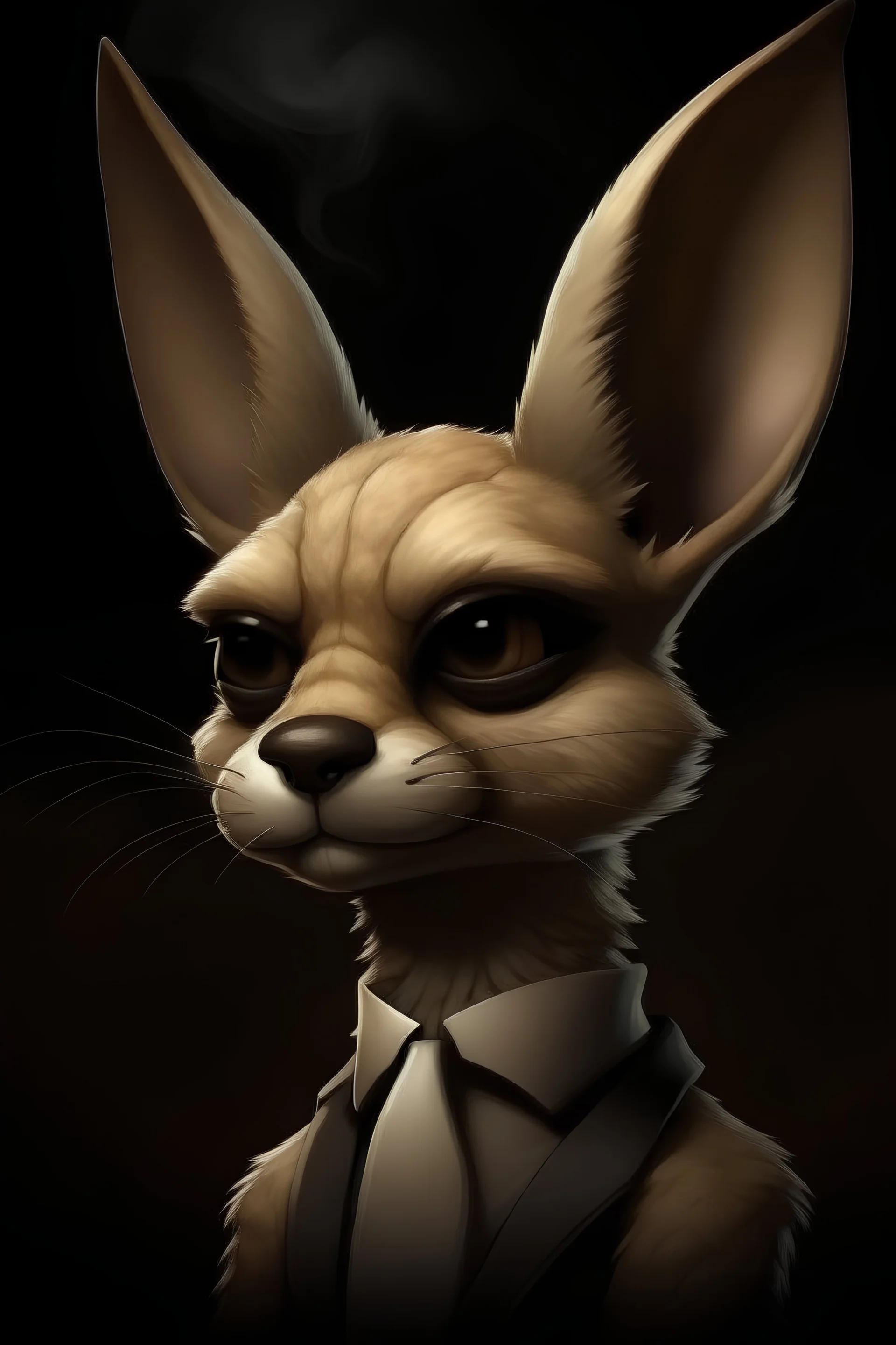 a fennec in a smoking. cigars and dark shades. Headshot. Face forward. Ramnbrandt lighting. 8K.