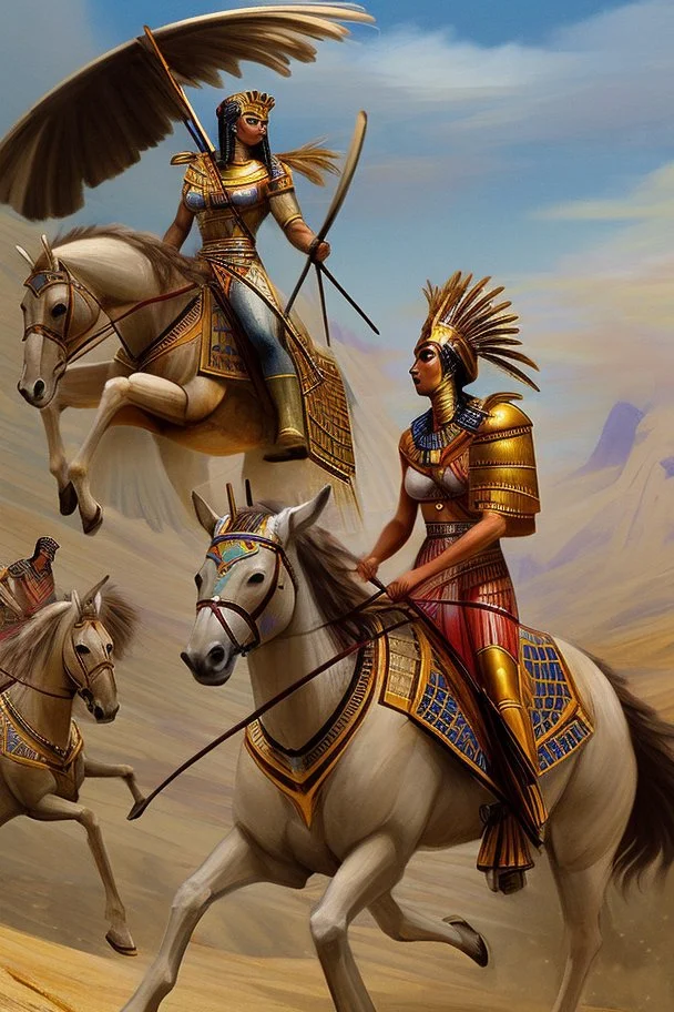 [Ancient Egypt, Mycenaean, man, woman] denyen: Towering figures, their armor adorned with symbols of prowess, lead the charge. Feathers crown their heads, a testament to their connection with the skies. As they advance, their strides echo the rhythms of distant lands, the echoes of battles fought and won resonating in every step.